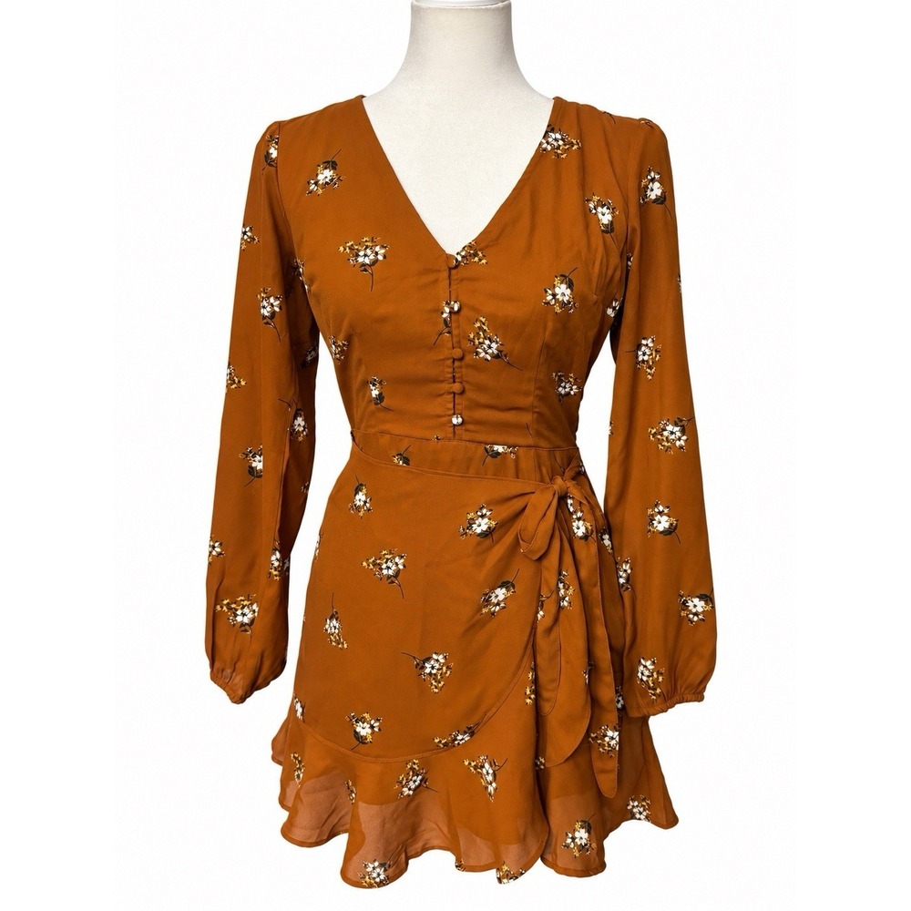 Abercrombie & Fitch Long Sleeve Wrap Mini Dress Rust Orange  Size XS Ruffle